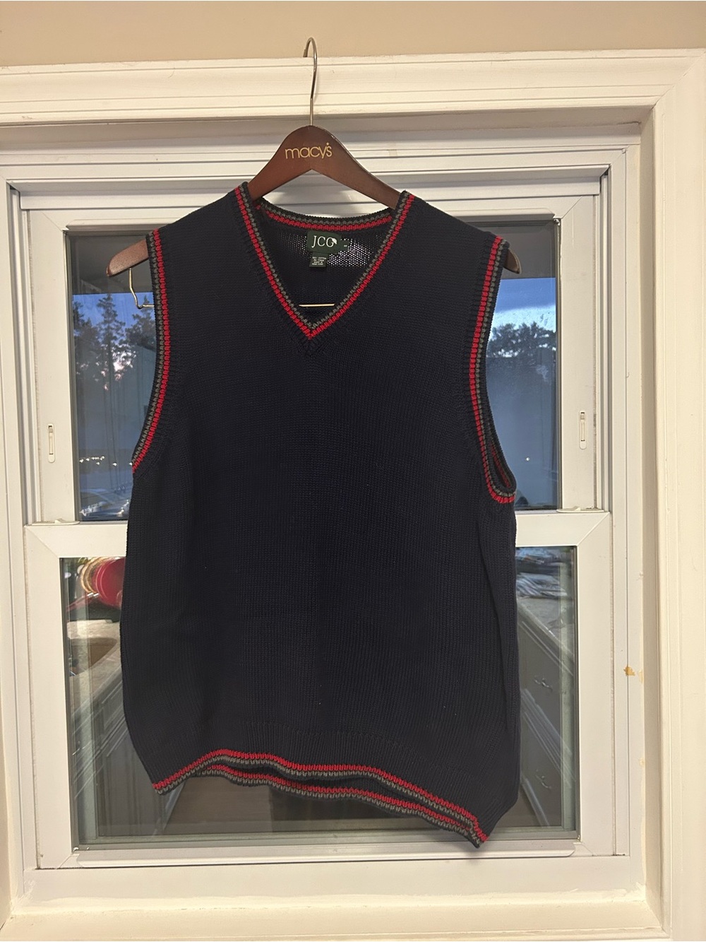 J. Crew Navy V‑Neck Sweater Vest with Red Trim Size Medium